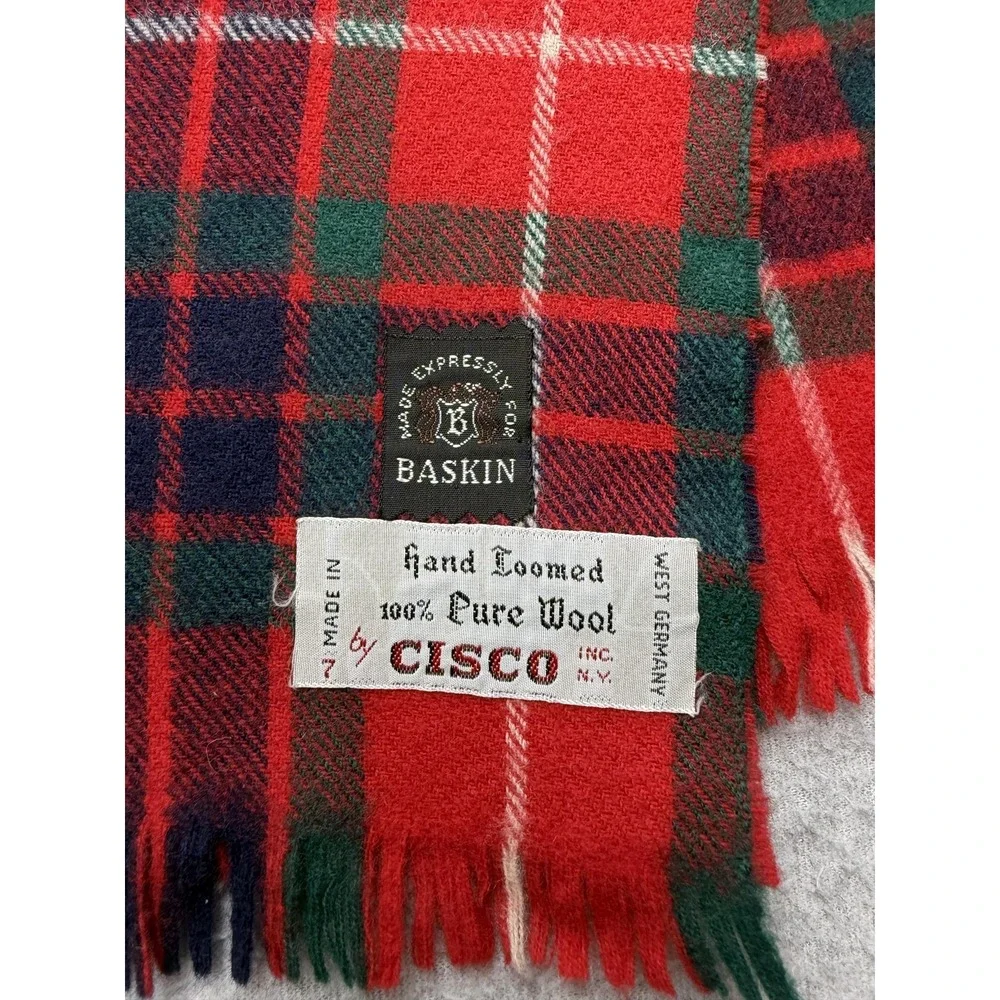 Vintage Baskin Wool Scarf Mens One Size Red Tartan Plaid Fringe West Germany